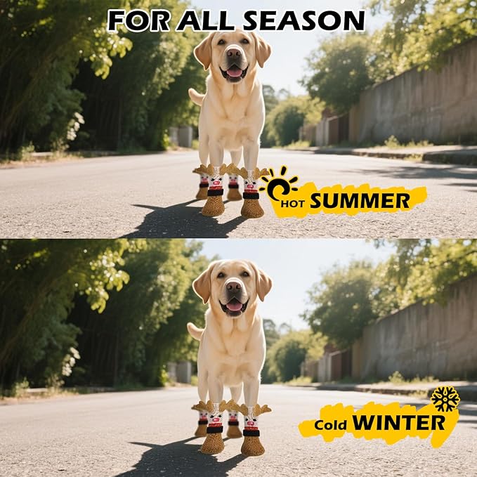 EXPAWLORER Christmas Anti Slip Dog Socks to Prevent Licking Paws, Boots & Paw Protectors with Grippers,Doggie Booties for Hardwood Floors for Small Medium Large Senior Dogs Lifelike Costume Reindeer L