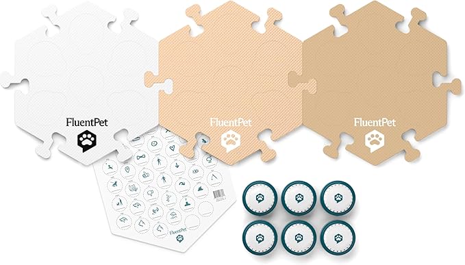FluentPet Speak Up Get Started Kit with Clearer Upward-Facing Sound - 6 Recordable Buttons for Dogs & 3 Beige HexTiles | Dog & Cat Communication Buttons Set | with Batteries