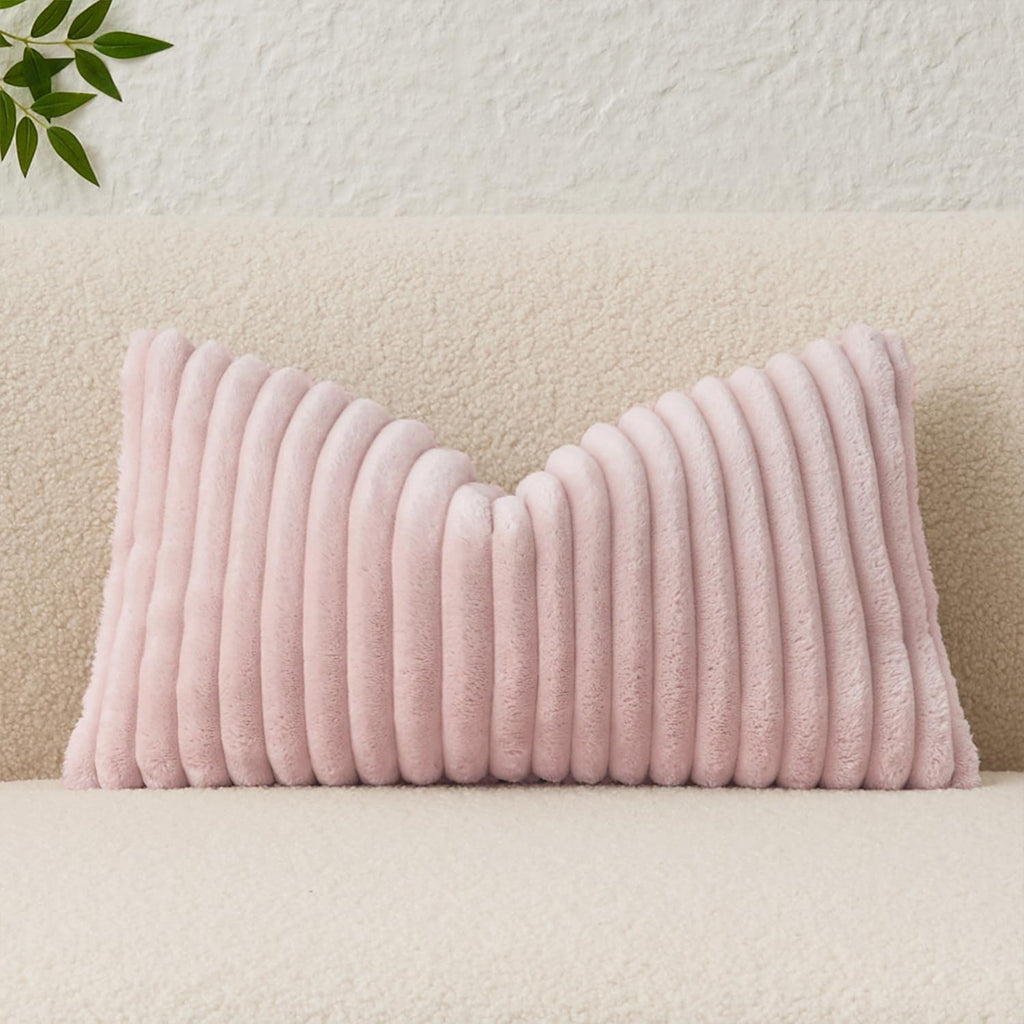 Kevin Textile Valentines Day Soft Plush 12x20 Inch Lumbar Pillow Cover 1 Pack, Luxury Fluffy Faux Fur Striped Flannel Rectangle Cushion Case for Couch Sofa Chair Bed Home Decor Girls Gift, Light Pink