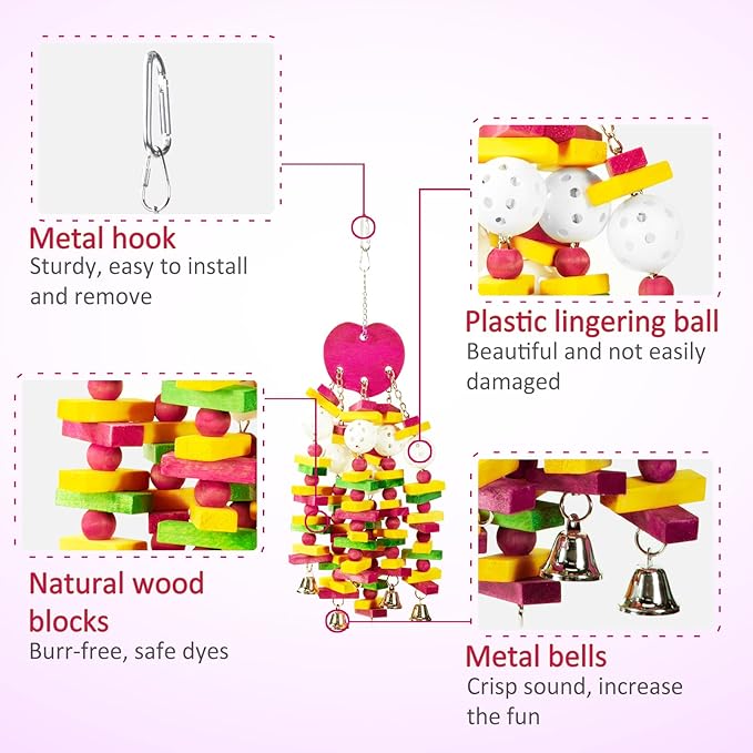 MEWTOGO Bird Toys - Edible Parrots Cage Chew Toy Gift with Bells and Safe Colorful Wood Blocks Beads for Macaws African Grey and Amazon Parrots (Peach Style)