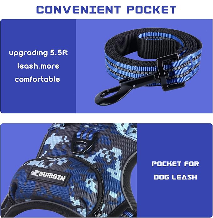 BUMBIN Dog Harness for Large Dogs, No Pull Adjustable No Choke Pet Vest with Dog Leash Fit Smart Reflective Pet Walking Harness for Training Easy Control Soft Handle Blue Camo S