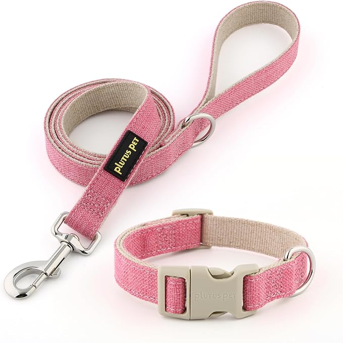 Plutus Pet Cotton Hemp Dog Collar and Leash Set, Adjustable Collar for Small, Medium, and Large Dogs, Heavy Duty and Soft on Skin, Hot Pink, XL