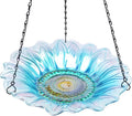 VCUTEKA Bird Bath, Glass Hanging Bird Baths for Outdoors Birdfeeder with 21 inch Rust-Proof Chain for Garden Yard Decor, Blue Daisy