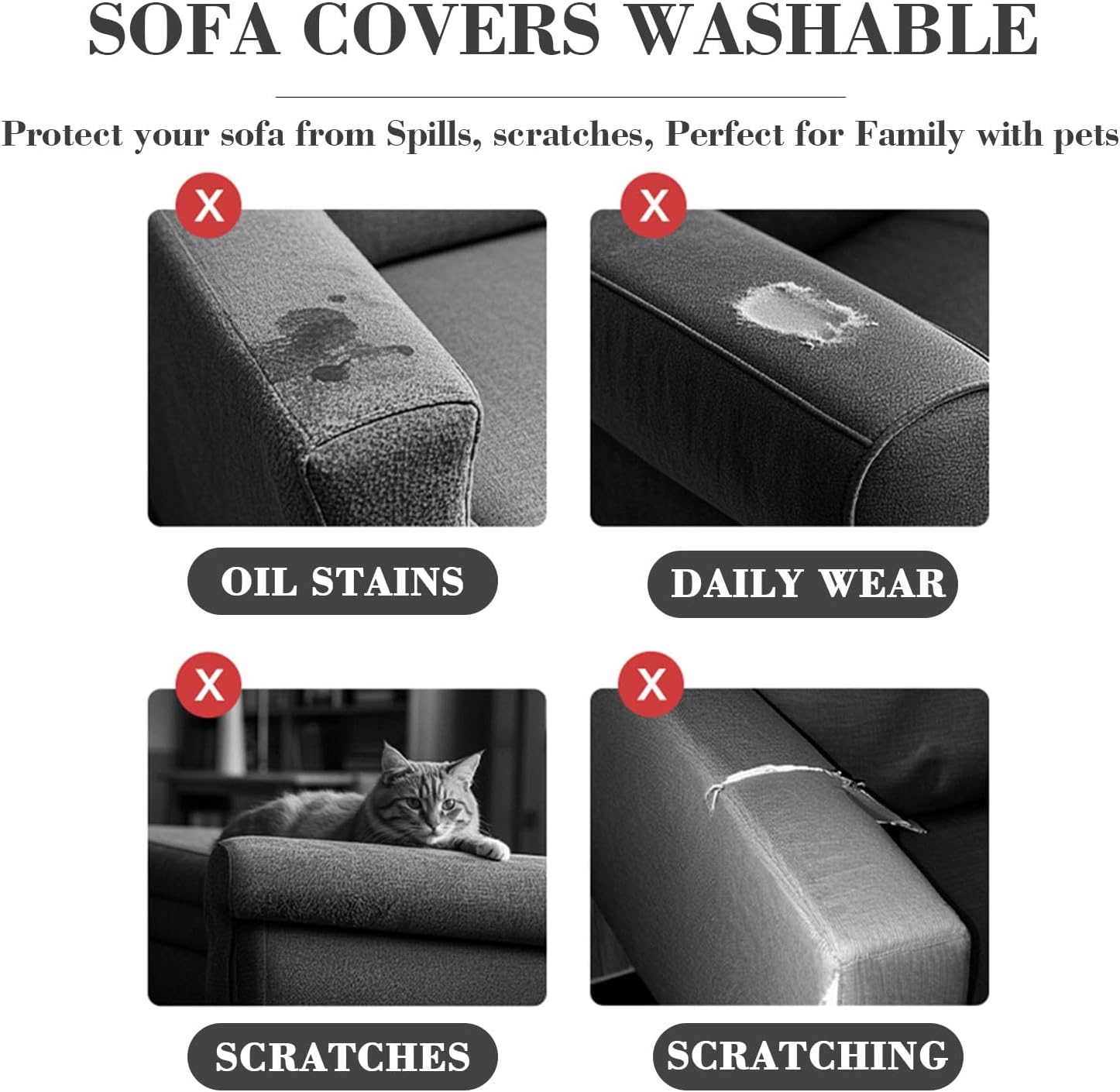 2Pcs Couch Arm Covers, Armrest Cover for Sofa, Sofa Arms Covers Washable Arms with Twist Pins Soft,Skin-Friendly for Pets (Texture Light Gray, Armrest Cover)