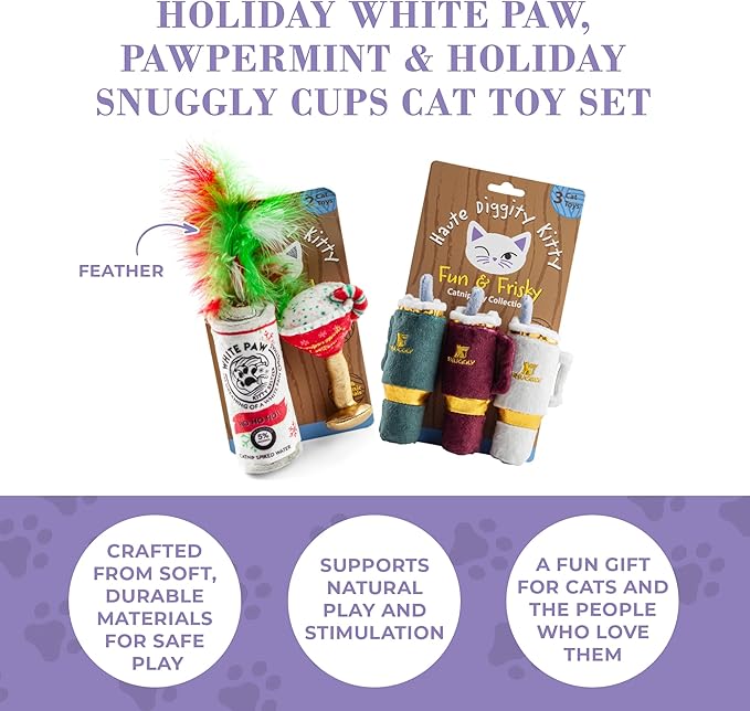 Holiday White Paw & Pawpermint Cattini + Holiday Snuggly Cups Set, Plush Cat Toys Catnip Filled with Interactive Crackle Sound, Safe & Durable Toys for Cat & Kitten, 5 Pcs