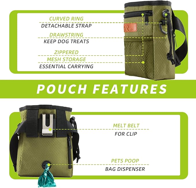Dog Treat Training Pouch Easily Carries Pet Toys Kibble, Treats Built-in Poop Bag Dispenser 3 Ways to Wear Comes with a Foldable Silicone Bowl(Army Green)