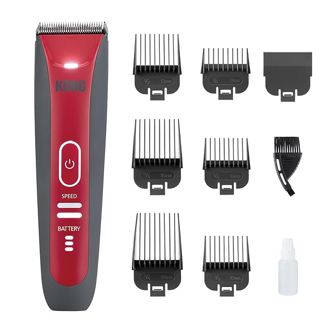 KONG 2-Speed Cordless-Corded Dog Clipper Kit – Stainless Steel Blade, Waterproof, LED Spotlight, Use-While-Charging, 6 Guide Combs, Ergonomic Handle – Red/Gray, Medium Coat Types