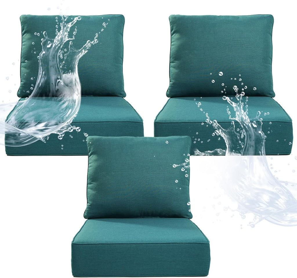 6" Thicker Outdoor Chair Cushion 3 Sets - 24" *24" *6" Waterproof Patio Furniture Cushions with Removable Cover, 28D High Density Sponge Filling Thicken Outdoor Patio Cushions - Peacock Blue