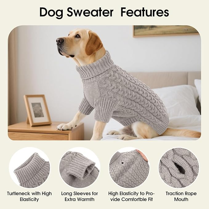 SAWMONG Dog Sweater, Dog Sweaters for Medium Dogs Girls Boys, Pullover Turtleneck Knitted Doggy Sweatshirt, Cold Weather Pet Clothes（Grey, Medium