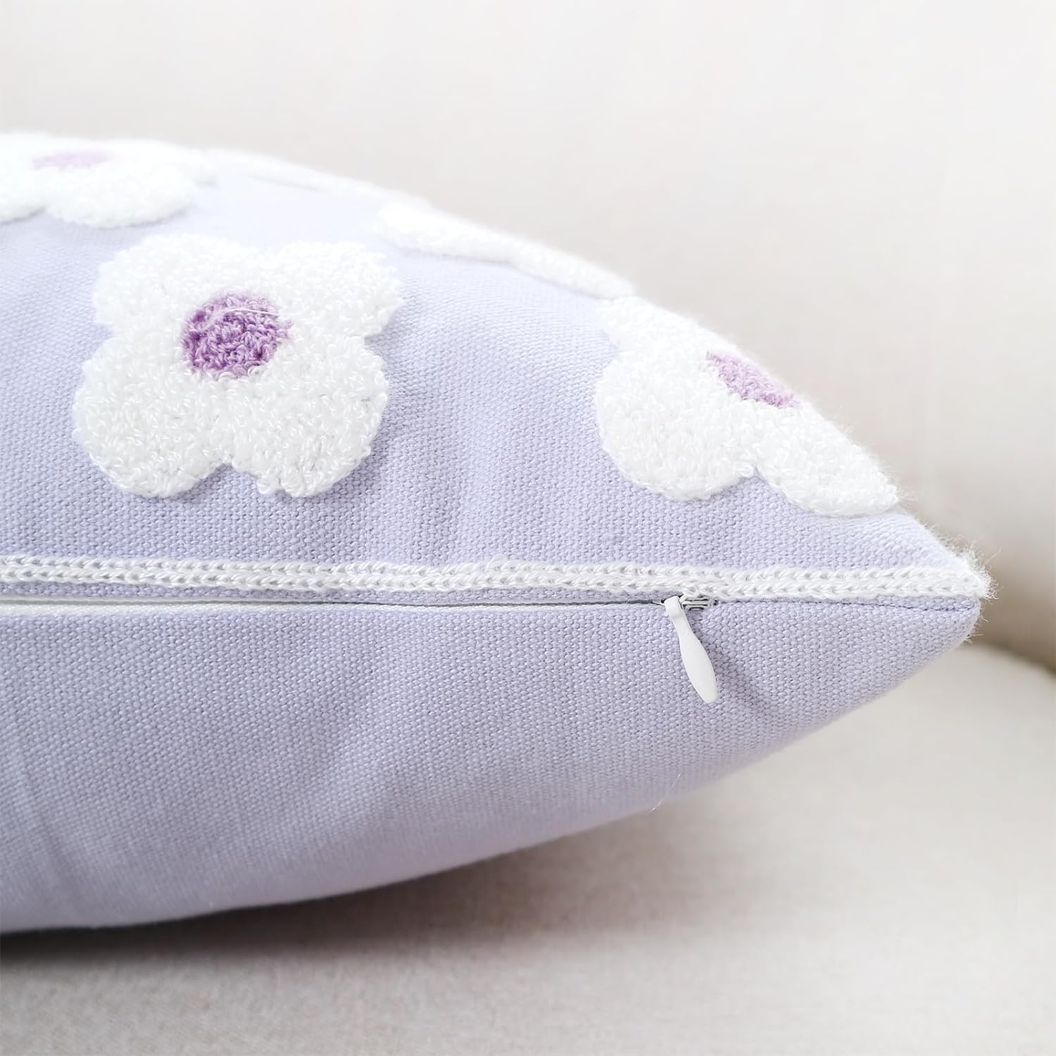 DECOBIRD Embroidery Throw Pillow Cover 20x20 Light Purple Floral Design Home Decor Loop Embroidered Pillow Case Thick Cotton Canvas Square Cushion Cover for Couch 50x50cm, 4 Petal Flowers 1 Piece