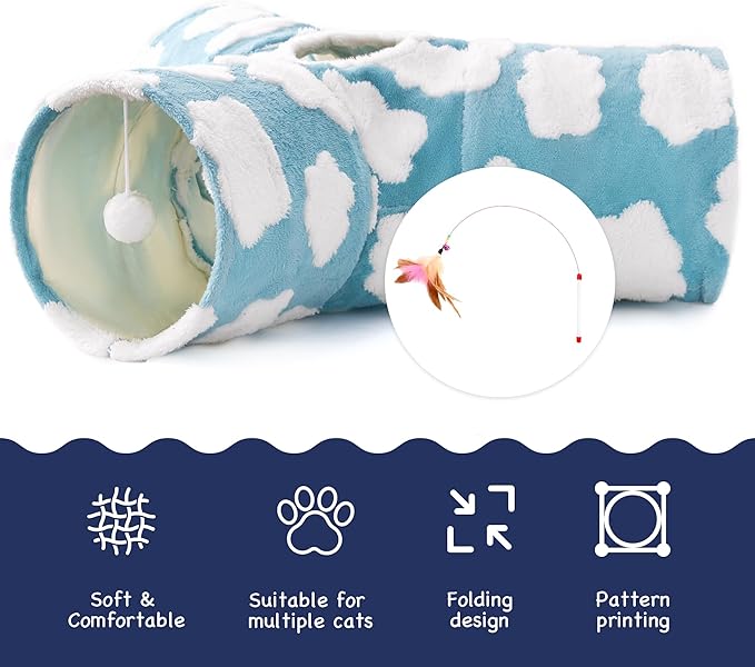 Tempcore Flannel Pet Cat Tunnel Tube Cat Toys 3 Way Collapsible, Cat Tunnels for Indoor Cats, Pet Toys Peek Hole Toy Ball Puppy, Kitty, Kitten, Rabbit, Cloud Blue