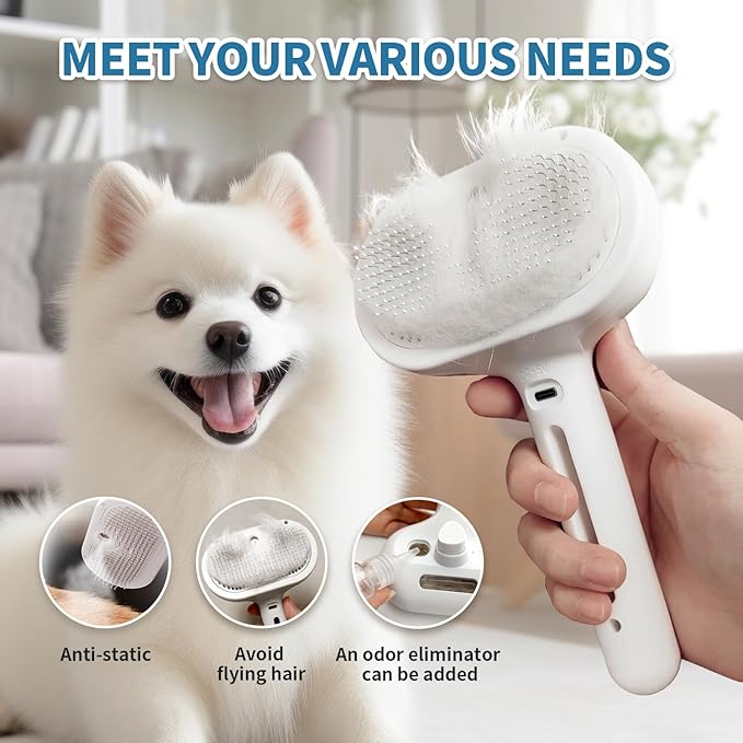 Dog Brush for Shedding, 3 in 1 Self Cleaning Steam Dog Brush - Anti-Static,Cat Steam Brush Removal Comb with Release Button, Grooming Tool for Long and Short Hair Pets, White