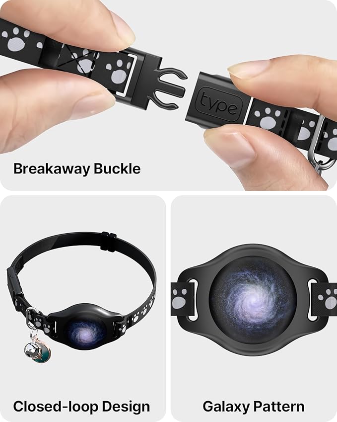 Cat Tracker Collar Waterproof Airtag Cat Collar with Finder Tag (iOS ONLY Not for Android Devices), Compatible with Apple Find My, Breakaway Tractive with Reflective Pattern & Bell, Black, 8-12"