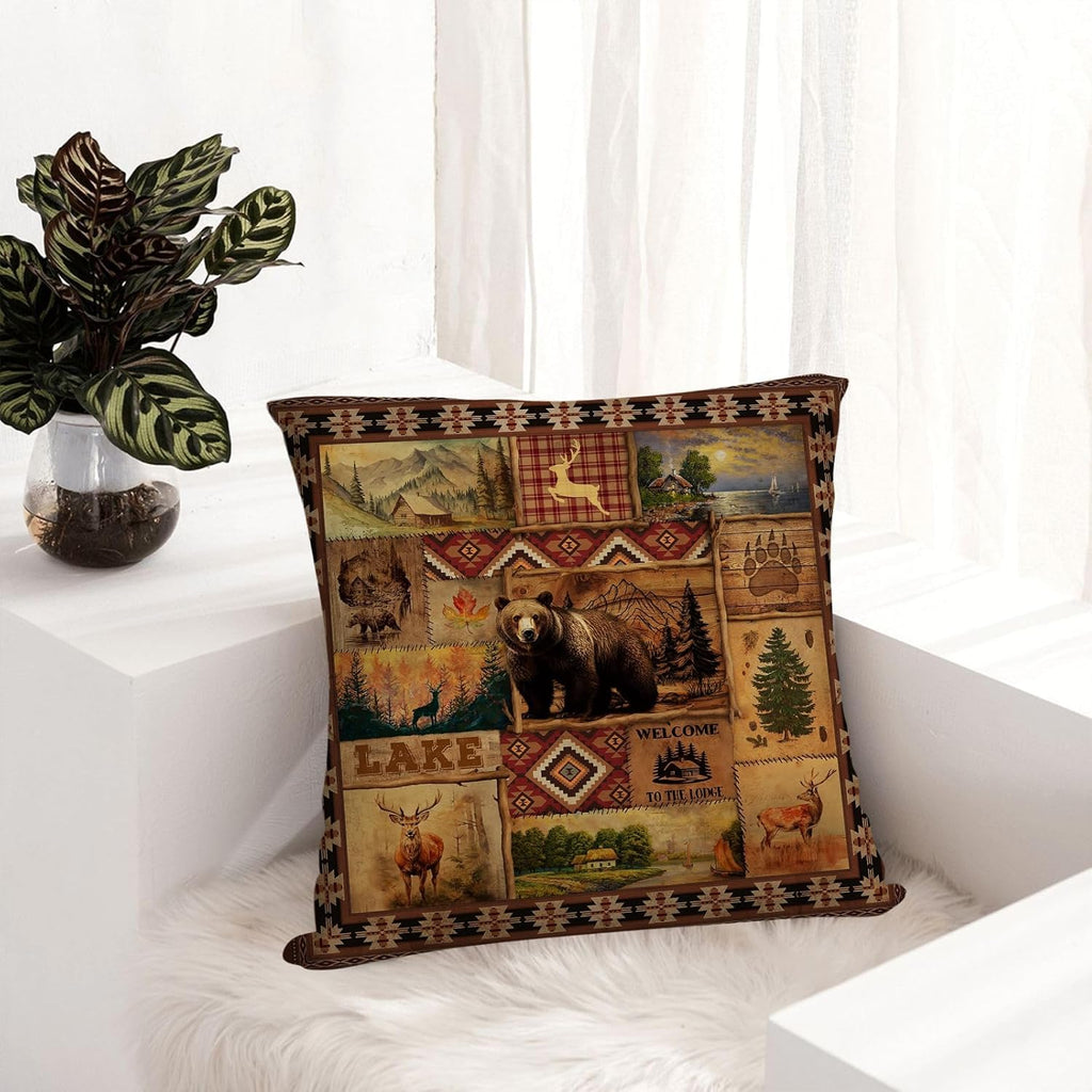 Vintage Rustic Lodge Bear Pillow Covers 18x18 Inch Set of 4, Farmhouse Cabin Throw Pillow Cases for for Couch Bed Sofa Chair Cushion Living Room Decor Brown Cabin Pillowcases