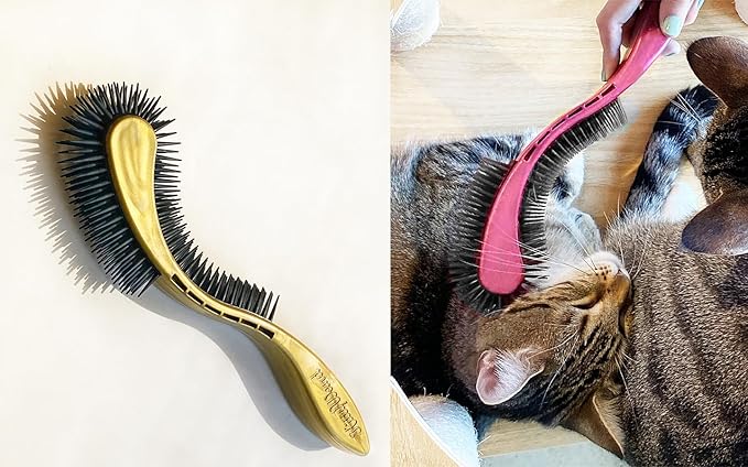 (Gold) Cat Brush is Designed for Comfort, Created for Results. This innovative grooming brush features multi contoured shapes that gently adapt to your cats body for a stress free grooming.
