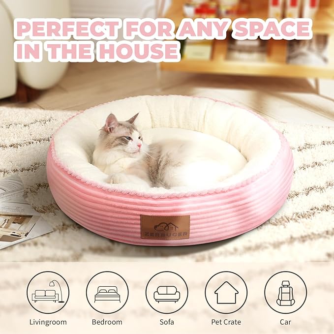 20in Washable Cat Beds for Indoor Cats - Round Donut Pet Bed for Cats, Small Dogs, Puppy, Kitten - Anti-Slip Bottom, Calming Bed Gift - Pink