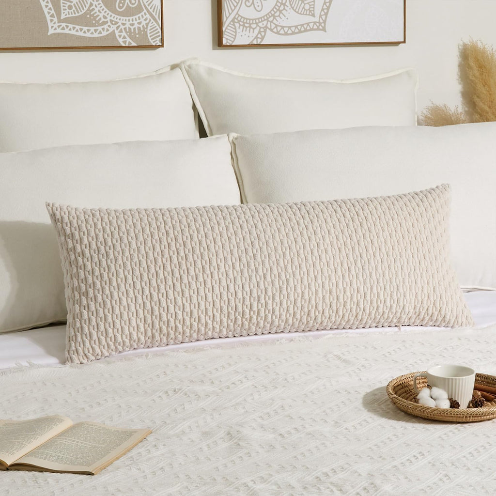 Kevin Textile 20x54 Inch Long Body Lumbar 1 Pack Boho Decorative Throw Pillow Cover Soft Striped Corduroy Rectangle Cushion Case Farmhouse Accent for Living Room Couch Sofa Bed, Cream White