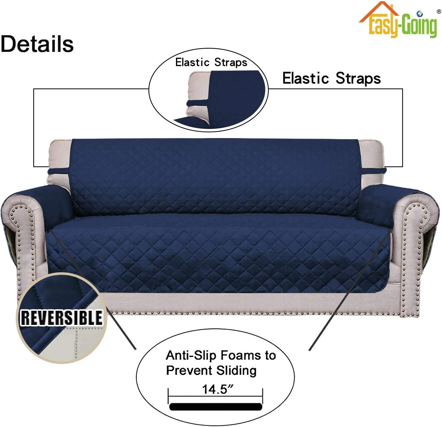 Easy-Going 4 Seater Sofa Slipcover Reversible Sofa Cover Water Resistant Couch Cover with Foam Sticks Elastic Straps Furniture Protector for Pets Children Dog Cat (XX-Large, Navy/Ivory)