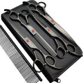 7.0in Titanium Professional dog Grooming Scissors set,Straight & Thinning & Curved scissors 4pcs set for Dog grooming Bright Black With Comb