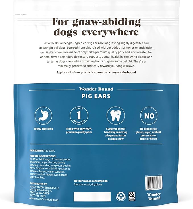 Amazon Brand - Wonder Bound Whole Pig Ears, Single Ingredient, Highly Digestible, Dog Treats for Puppy and Large/Medium Dogs, Pork, 18 Count, 12.7 Ounce (Pack of 2)