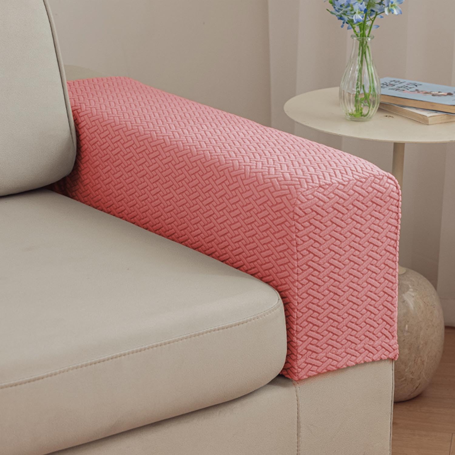 2Pcs Couch Arm Covers, Armrest Cover for Sofa, Sofa Arms Covers Washable Arms with Twist Pins Soft,Skin-Friendly for Pets (Texture Pink, Armrest Cover)