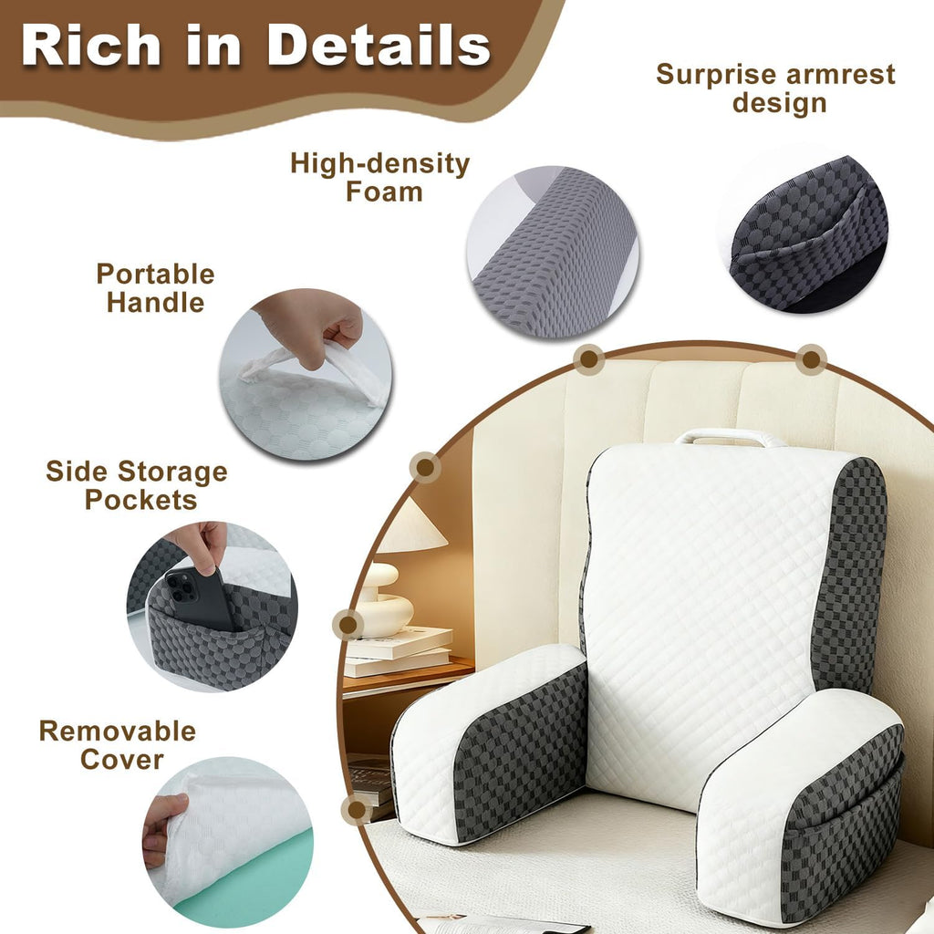 Bed Reading Pillow Back Support with Arms, Removable Pillowcase for Book Working Gaming Resting Watching TV, White/20in