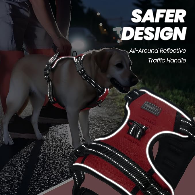 VIVAGLORY Dog Harness Easefit No Pull Dog Harness with Front Clip & Handle for Lifting Training, Adjustable Padded No-Pull Anti Pull Easy On for Puppy & Pet, M, Red