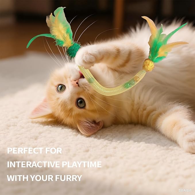 Cat Toys for Indoor Cats – 2 Pack Feather Toys with Pom-Pom & Bells, 19.5 Inch Teething Cat Toys Bundle for Chew, Cat Spiral Spring, Kitten Teething Toys