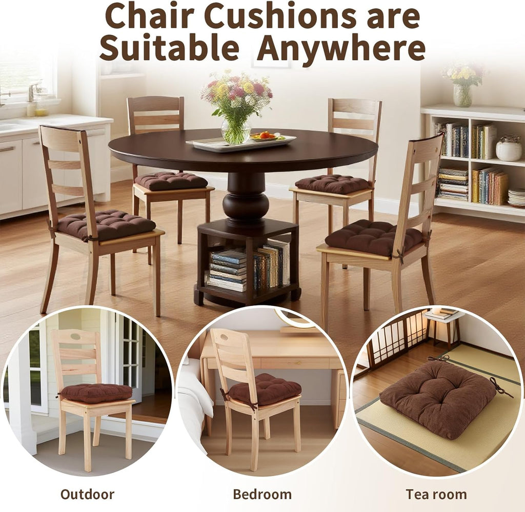 Chair Cushions for Dining Chairs, Tufted Foam Kitchen Chair, Non-Slip Seat Cushions with Ties Set of 4, 15.5" x 15.5" x 4", Brown