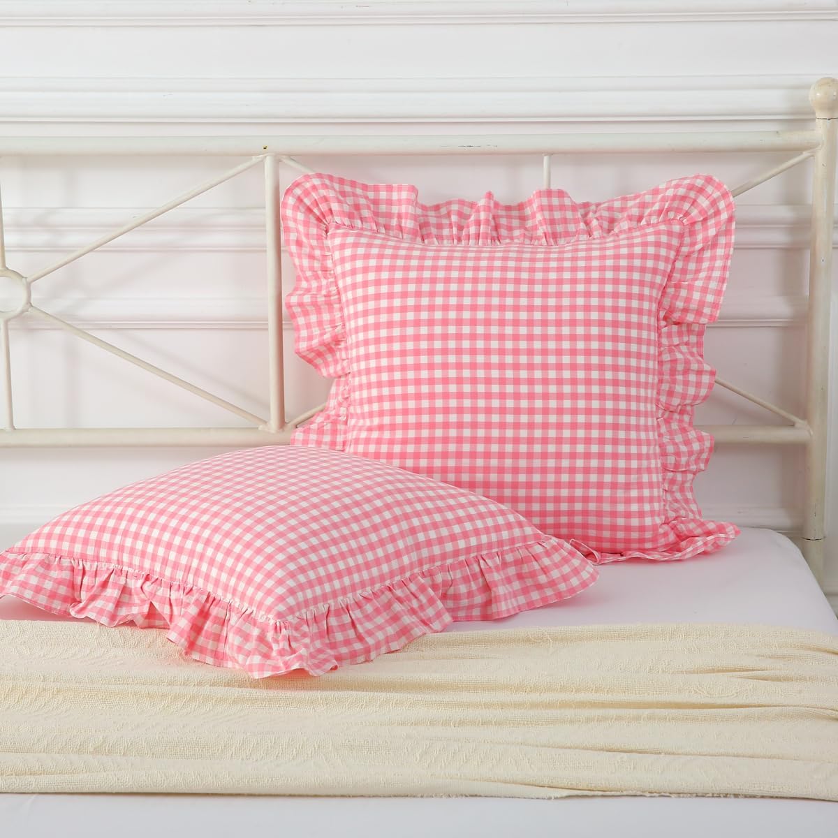 2 Pack Vintage Light Pink Plaid Ruffle Throw Pillow Covers,Washed Cotton Checkered Gingham Pillow Covers 20"x20" for Sofa,Couch,Bed and Living Room