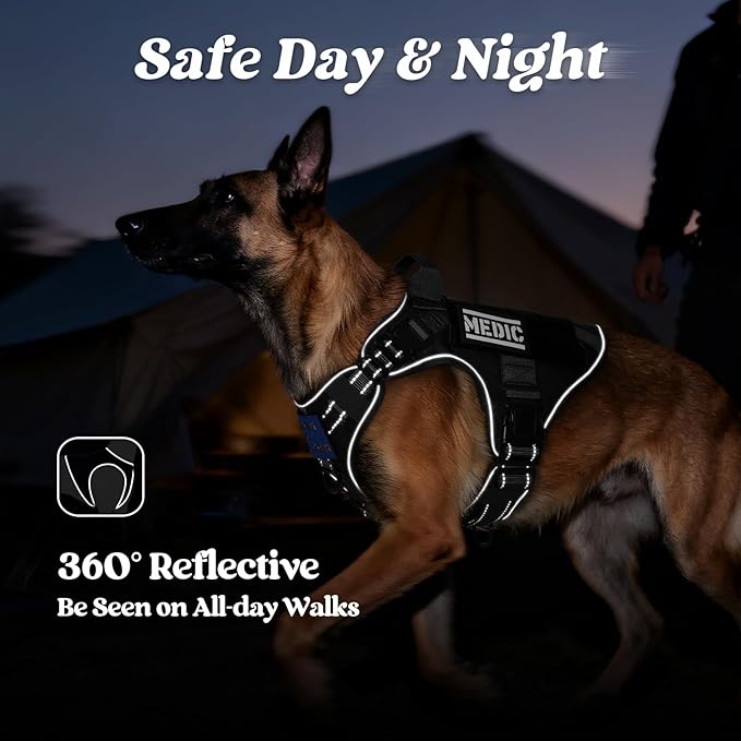 rabbitgoo Tactical Dog Harness for Large Dogs, No Pull Upgraded Reflective Heavy Duty Molle Vest with Handle, Adjustable Military Service Dog Vest for Walking Hiking Training, Black, L