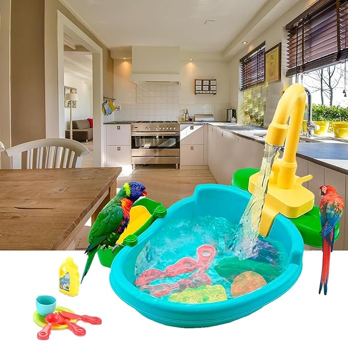 Bird Bath for Cage, Parrot Shower Bathtub Indoor with Faucet, Automatic Bird Bath Shower, Parrot Automatic Bathing Box, Bird Shower Swimming Pool Toy for Parakeet, Ferret, Budgie, Cockatiel(Green)
