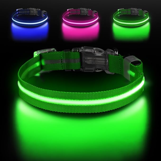 JewyowLight Up Dog Collar, Adjustable USB Rechargeable Glow in Dark Dog Collar ，Waterproof Dog Collars for Large Dogs (Green, Large)