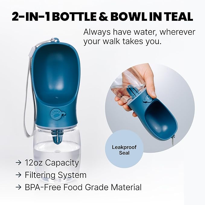 MalsiPree Walking Set with Retractable Dog Leash, Poop Bag Holder, Leak Proof 12 Oz Dog Water Bottle, Flashlight & 20 Poop Bags - 9.8ft Leash Retractable for Small to Medium Pet (Sand & Teal, 12 Oz)