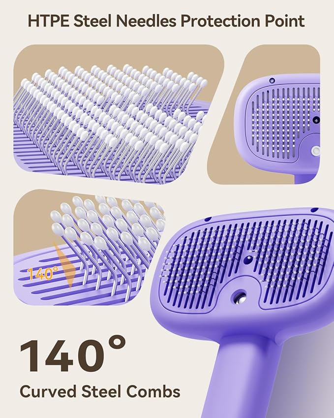 ROJECO 3-in-1 Pet Steam Brush for Cats&Dogs - Detangling Comb with Adjustable Mist, Handheld Deshedding Grooming Tool for Long/Short Hair, Massage Brush & Shedding Control Gift,Cordless,Purple