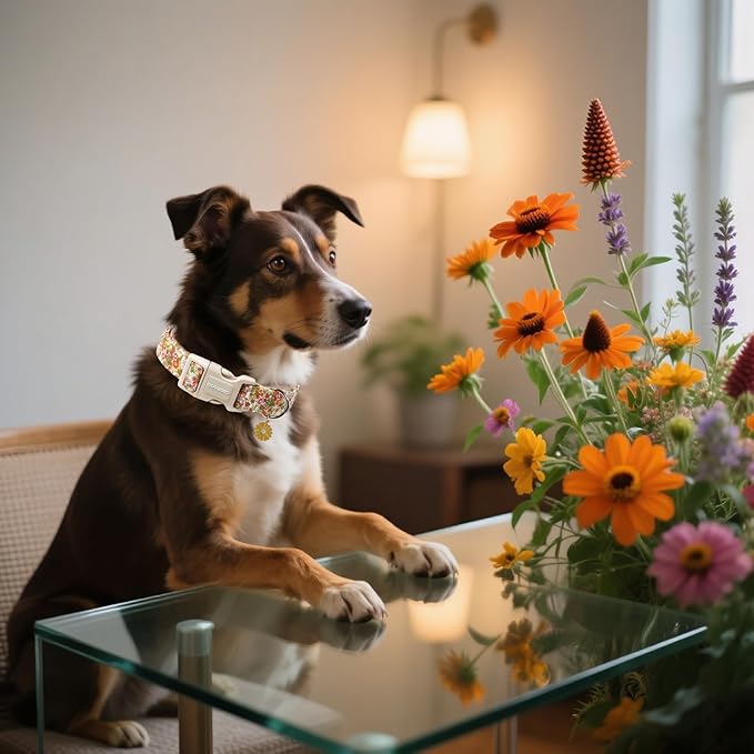DOGWONG Flower Dog Collar, Orange Daisy Flower Dog Collar Adjustable Soft Fabric Girl Pet Dog Collars Cute Puppy Necklace for Small Medium Large Dogs