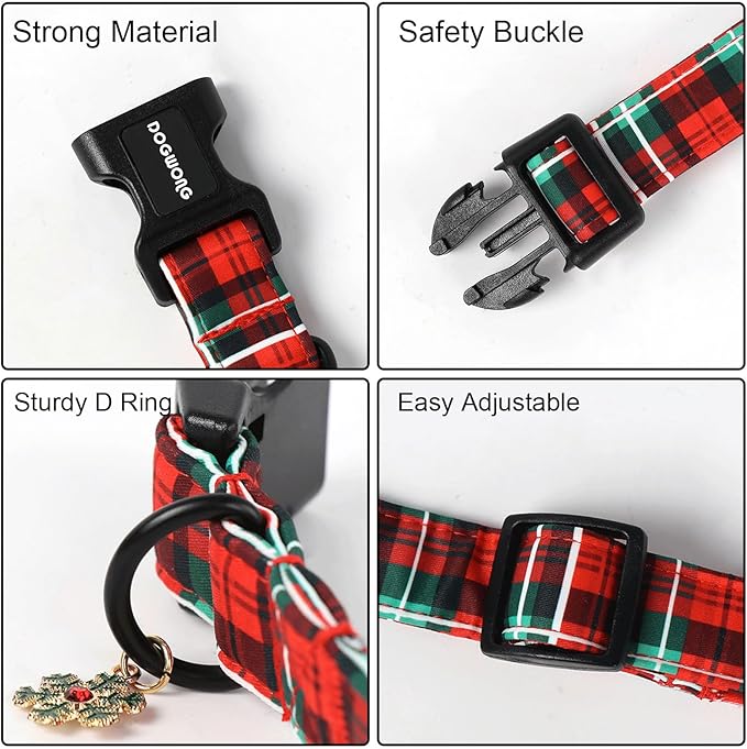 DOGWONG Christmas Plaid Dog Collar- Cute Red Christmas Checked Dog Collars for Small Medium Large Dogs L