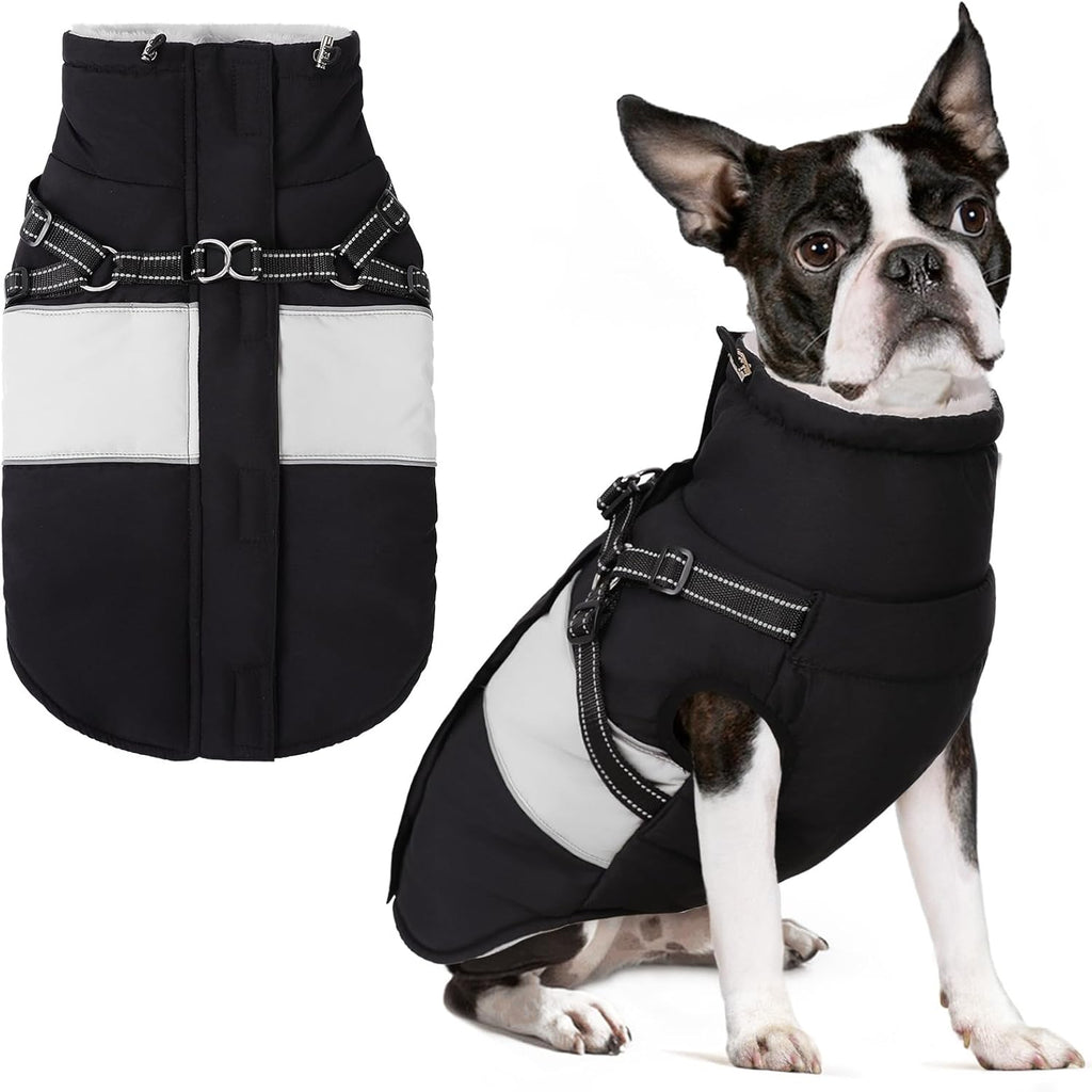 SUNFURA Small Dog Coat with Harness Built in, Warm Dog Jacket Winter with Zipper On Back, Waterproof Pet Snow Jacket Snowsuit Pet Sweater Clothes for Schnauzer, Yorkshire Terrier, Black S