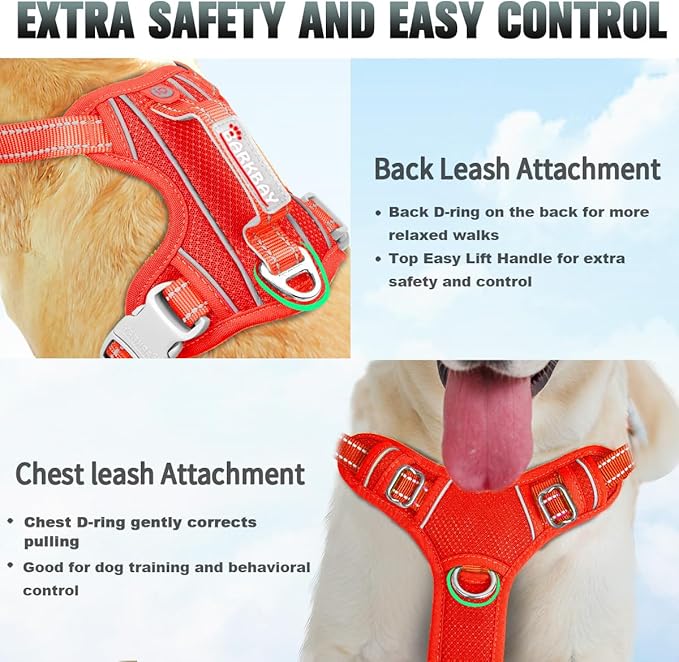 BARKBAY No Pull Dog Harness Large Reflective Dog Harness with Front Clip and Easy Control Handle for Walking Training Running with ID tag Pocket(Red,XS)