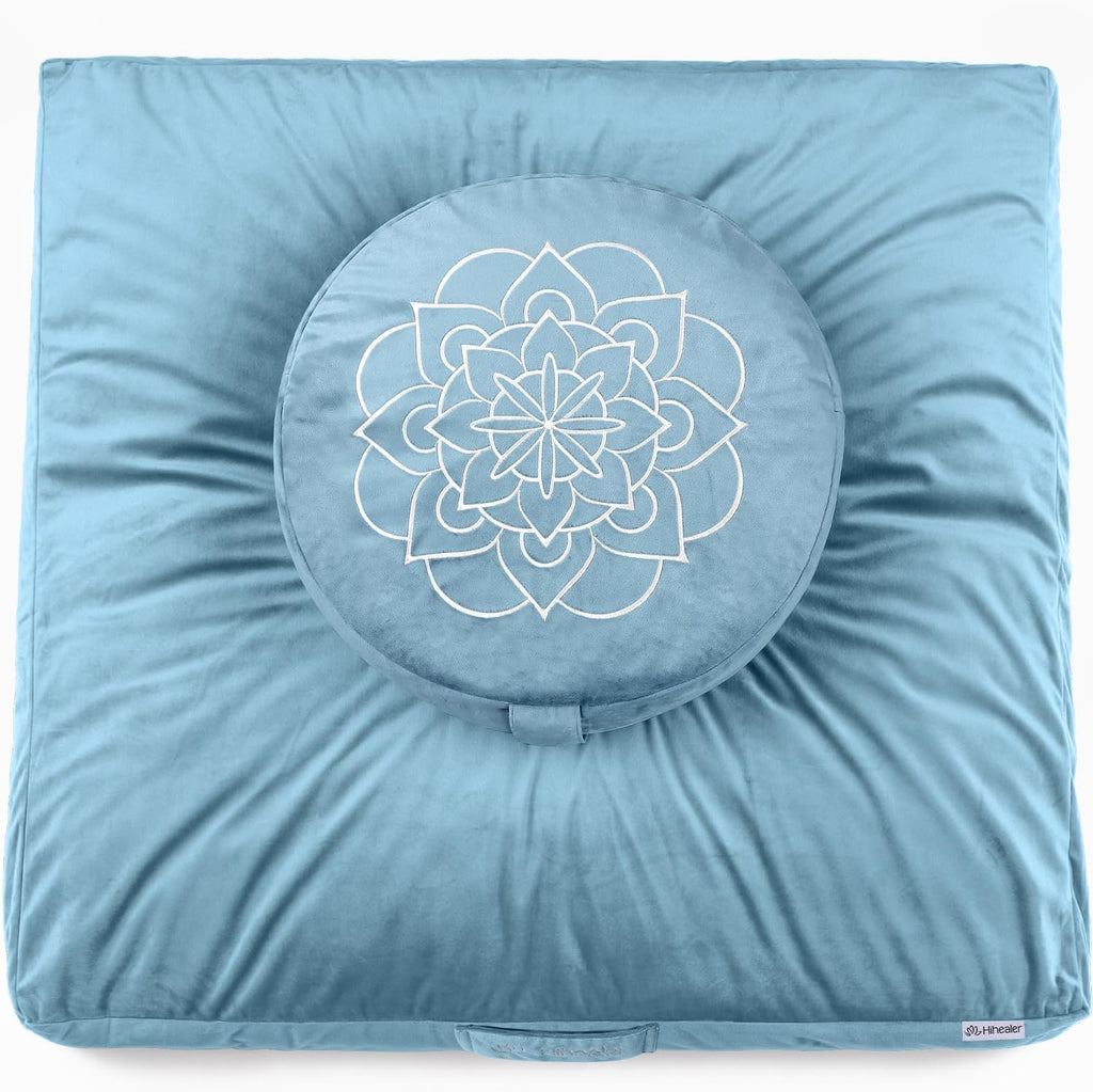Hihealer Meditation Cushion Set Large Velvet Floor Pillow & Traditional Tibetan Yoga Bolster for Adults Zafu Meditation Mat with Buckwheat Filling
