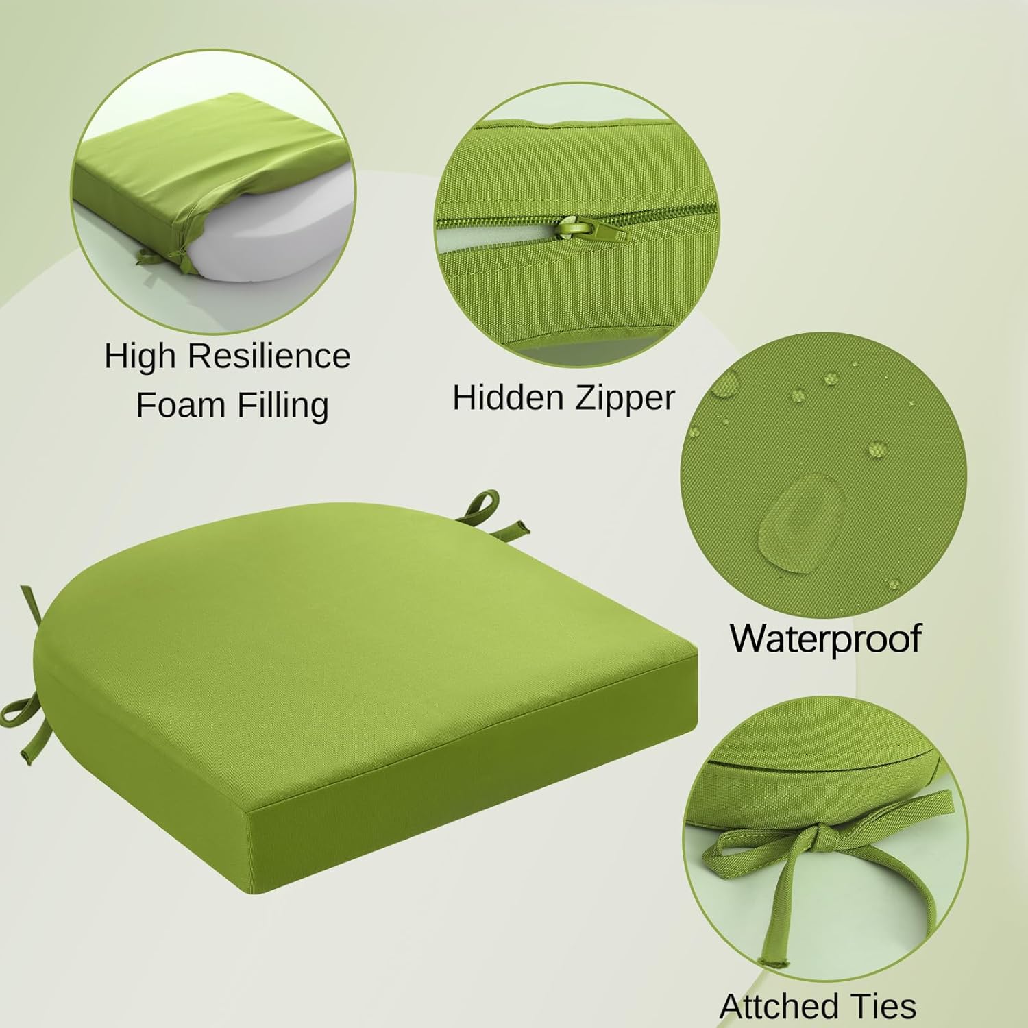 idee-home Outdoor Chair Cushions Set of 4, Thick 17" x 17" x 3" Patio Chair Cushions for Outdoor Furniture Waterproof with Ties, Seat Cushion, Patio Chair Pads Dining Chair Green
