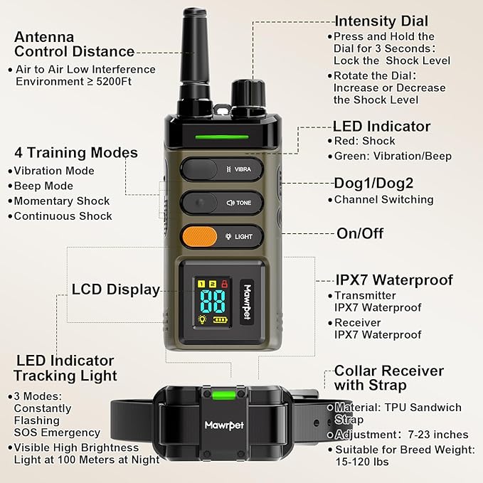 Dog Training Collar with Remote-5200FT, Dog Shock Collar with IPX7 Waterproof, Shock, Vibration, Beep, E-Collar for Dogs Training, Rechargeable, Suitable for All Breeds of 15-120lbs