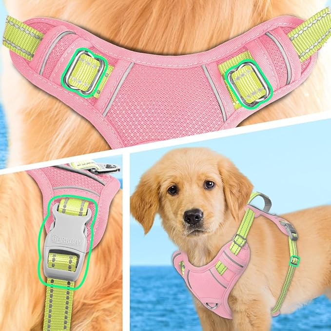 BARKBAY No Pull Dog Harness Large Reflective Dog Harness with Front Clip and Easy Control Handle for Walking Training Running with ID tag Pocket(Baby Pink & Sunlight,S)
