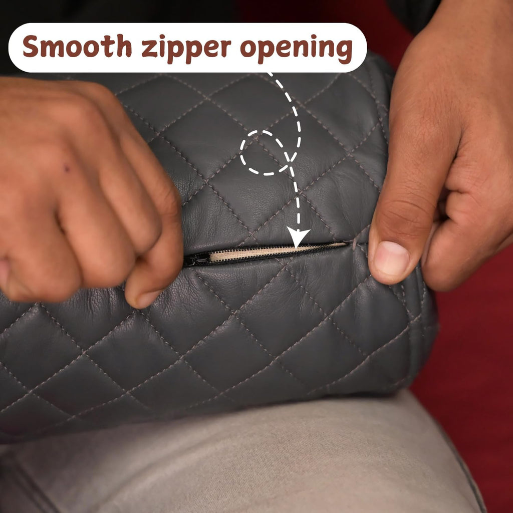 Neck Roll Pillow Cushion Cover, 24x7 Inch Full Moon Round Bolster Pillow Case, Cylinder Soft Lambskin Leather Pillowcase for Head, Spine & Neck Support During Sleep - Quilted Charcoal Grey Pack of 1