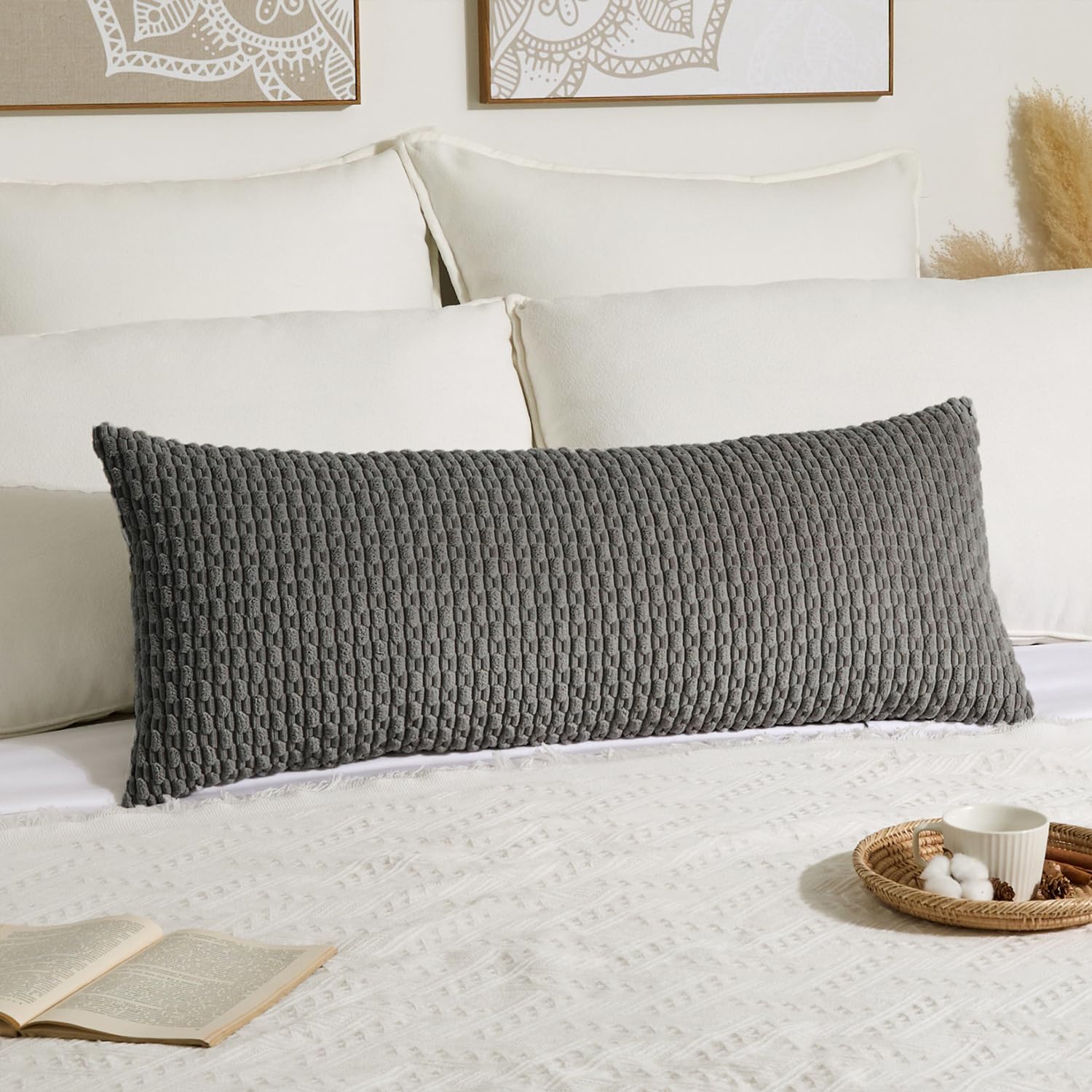 Kevin Textile 14x36 Inch Long Lumbar 1 Pack Boho Decorative Throw Pillow Cover Soft Striped Corduroy Rectangle Cushion Case Farmhouse Accent for Living Room Couch Sofa Bed, Dark Grey