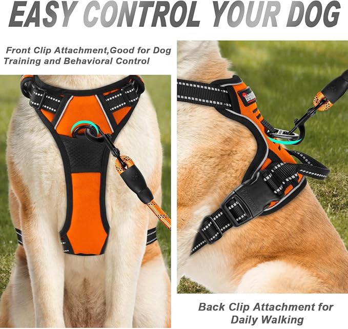 BARKBAY No Pull Dog Harness Front Clip Heavy Duty Reflective Easy Control Handle for Large Dog Walking(Orange,L)