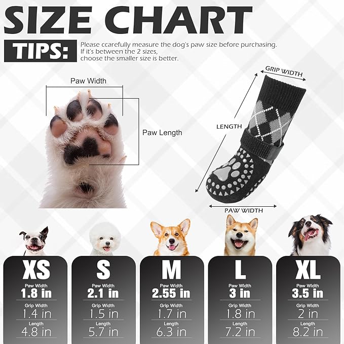 EXPAWLORER Dog Socks for Hot Pavement to Prevent Licking Paws, Plaid Non Slip Doggie Grippy Booties Shoes for Hardwood Floors, Boots & Paw for Small Medium Large Senior Dogs M