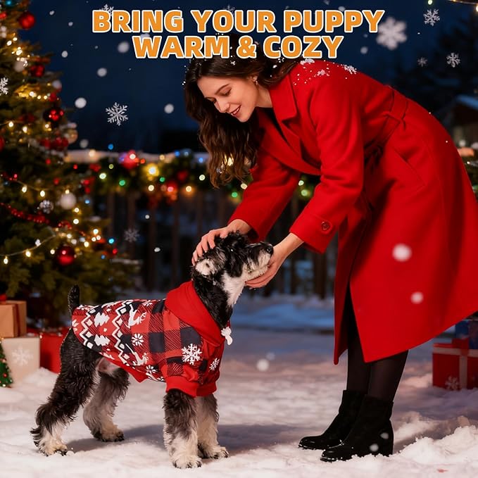 KOOLTAIL Christmas Dog Hoodie, Red Plaid Pet Sweater, Hat Hooded Sweatshirt Dog Clothes for Small Medium Large Dogs, Soft Warm Winter Cold Weather Coat with Leash Hole&Pocket, Reindeer Snowflake, M
