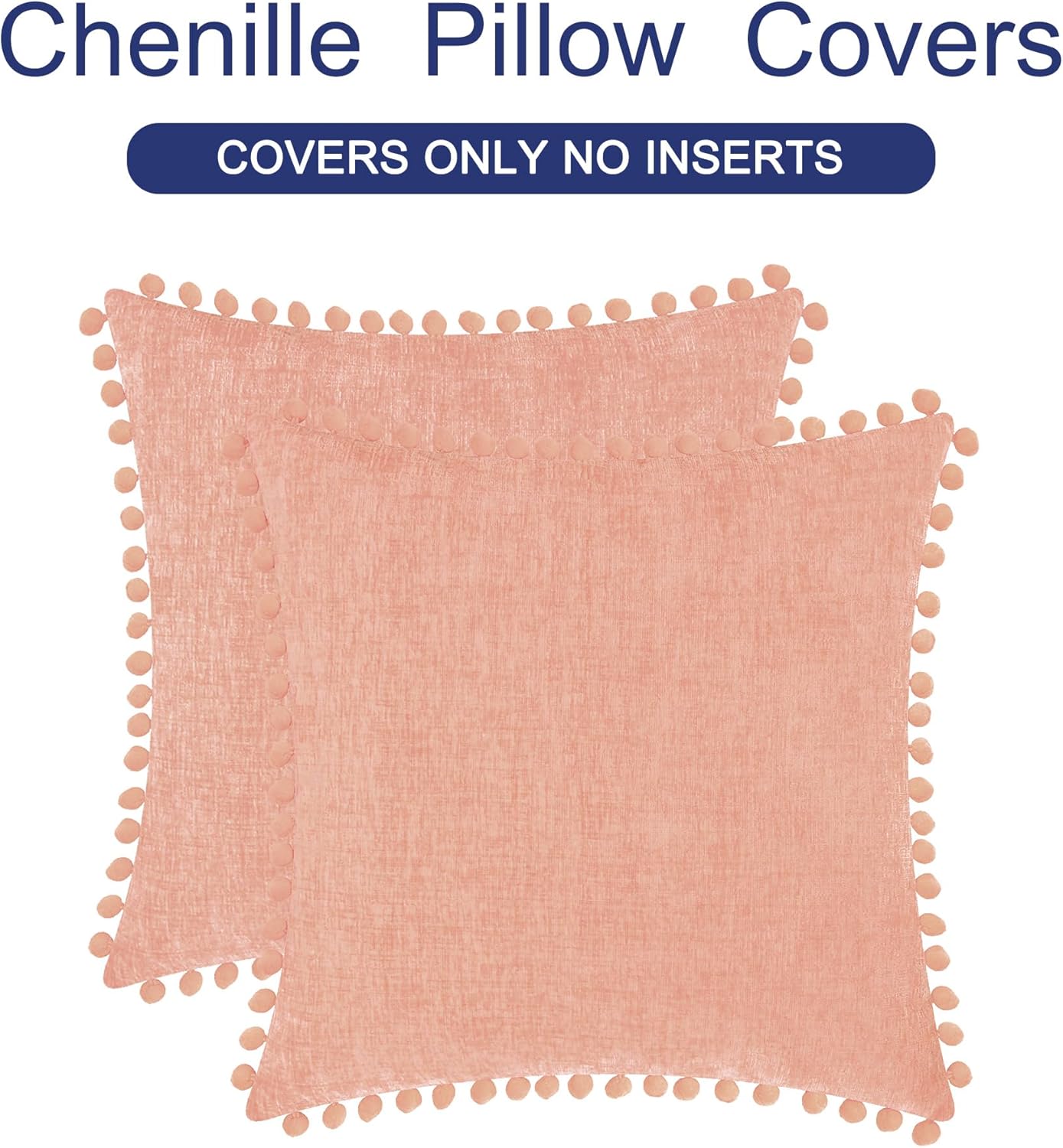 CaliTime Throw Pillow Covers Decorative 18 X 18 Inches Pack of 2 Cozy Solid Dyed Soft Chenille Cushion Cases with Pom Poms for Couch Sofa Bed Living Room Home Dusty Pink