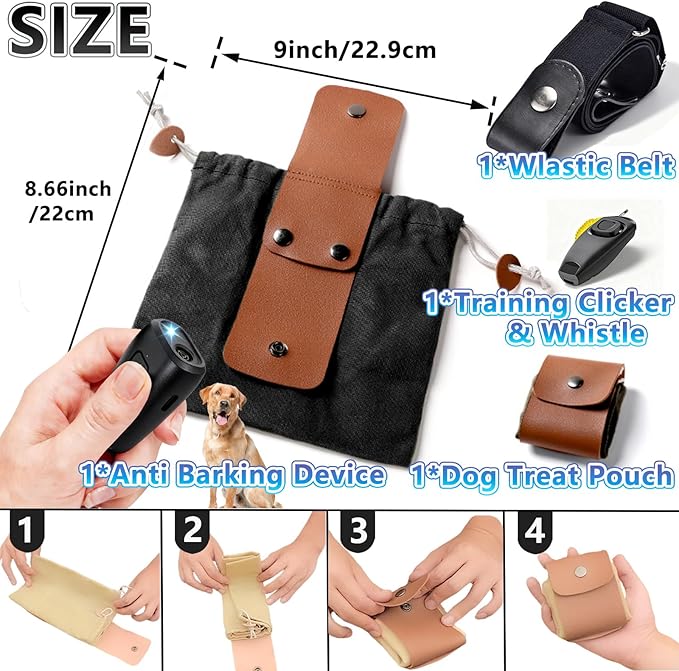 Dog Treat Pouch with Anti Barking Device, Training Clicker & Whistle – Stylish, Portable, Large-Capacity Foldable Pet Training Pouch with Elastic Belt for Outdoor Use/Pet Training (Black)